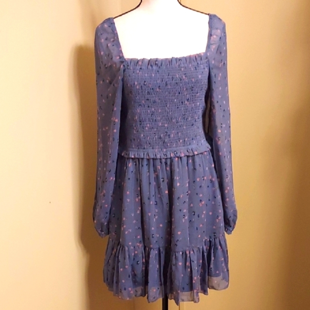 Pink and Blue Tiered Ruffled Mini Dress with Bishop Sleeves